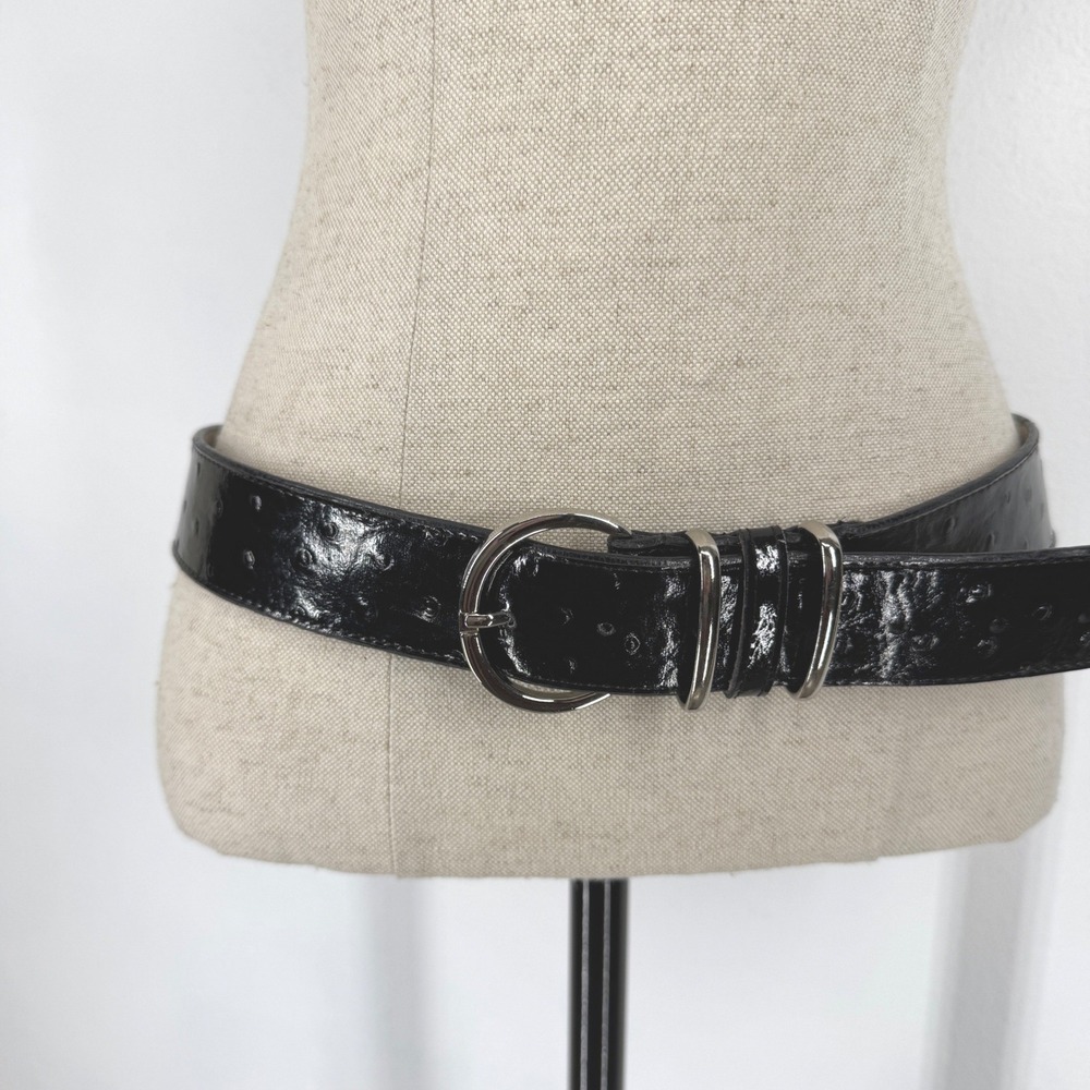 Black Ostrich Embossed Patent Wide Leather Belt Silver Buckle XL Boho Indie